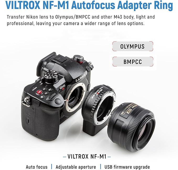 VILTROX NF-M1 Lens Adapter, Auto Focus Lens Converter Ring Camera Lens Mount Adapter Compatible with Nikon F-Mount AF AF-S AF-P AF-I Lens to M4/3 Mount Camera(Olympus/BMPCC)