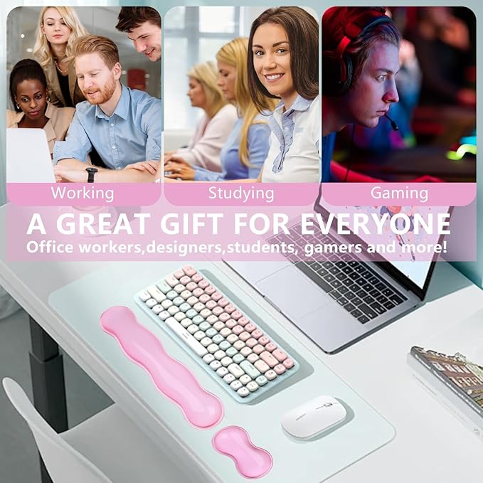 Gel Keyboard and Mouse Wrist Rest, Cute Wrist Support and Arm Support Keyboard Rest for Keyboard and Mouse Typing Pain Relief，Suitable for Office/Computer/Laptop/Gaming (Transparent Pink Set)