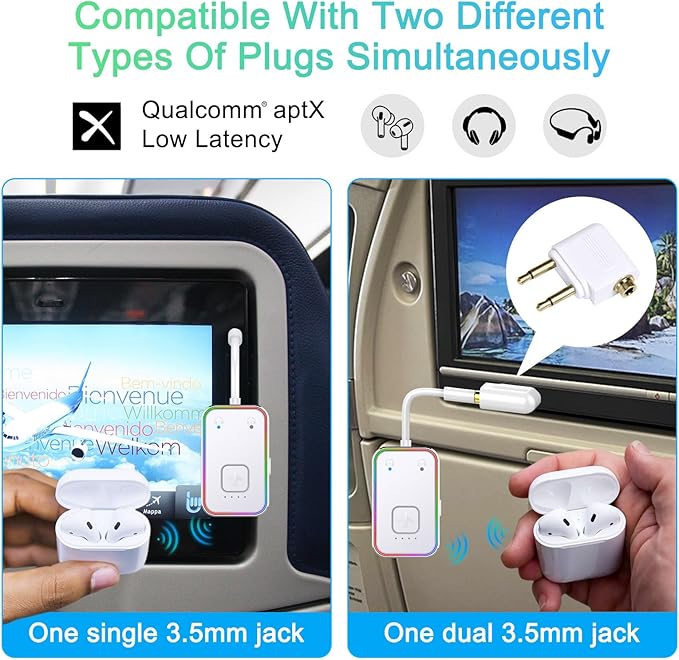 Bluetooth Transmitter for Airplane,Bluetooth V5.4 Transmitter for 2 Airpods/Headphones Dual Pairs.Wireless Transmitter for in-Flight/TV/Gym,with AptX LL,Metal Frame