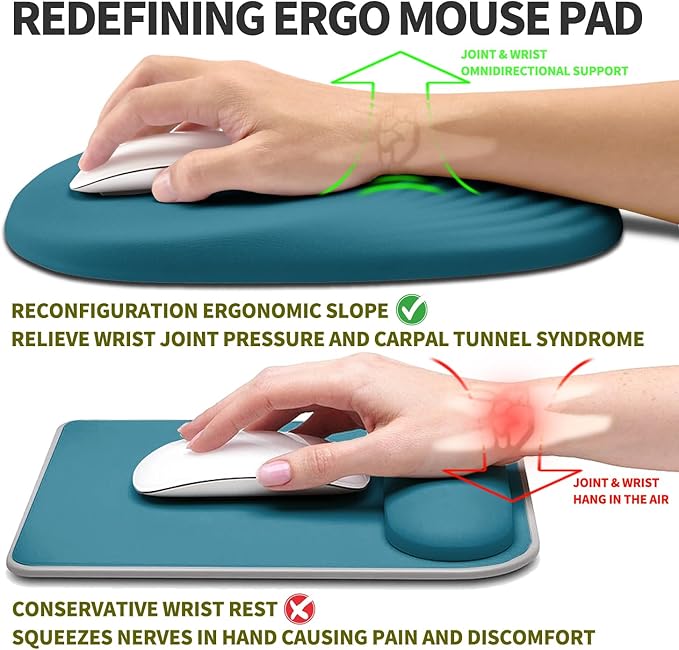Hokafenle Ergonomic Mouse Pad Wrist Support, Terraced Slope Carpal Tunnel Wrist Pad for Mouse with Unibody Memory Foam, Wrist Rest Pain Relief Mousepad (Turquoise, 11.8x7.9 in)