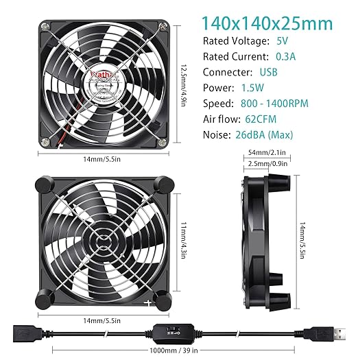 Wathai 140mm x 25mm USB Cooliing Fan 5V with Speed Control for Computer Case Receiver DVR PlayStation Xbox PS4 Router Cabinet Cooling