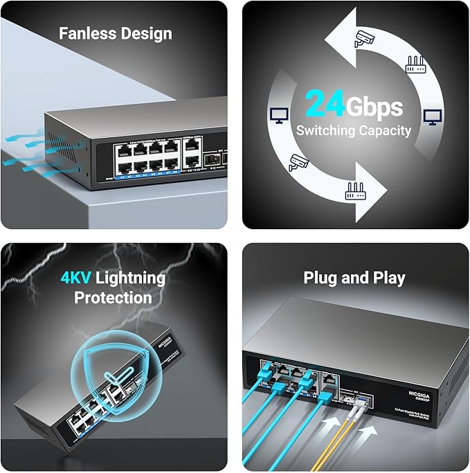 12 Port Gigabit PoE Switch Unmanaged with 8 Port IEEE802.3af/at PoE+@120W, 2 x 1000Mbps Uplink + 2 x 1G SFP, NICGIGA 8 Port Network Power Over Ethernet Switch, Desktop/Wall-Mount.