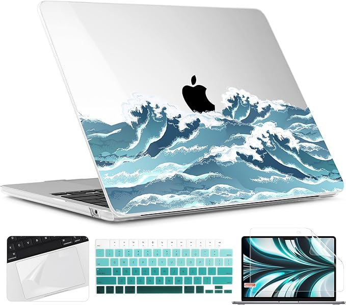 TWOLSKOO for M4 MacBook Air 13.6 inch Case 2025-2022 Release M4 A3240 M3 A3113 M2 A2681, Plastic Hard Shell & Screen Protector & Keyboard Cover & Trackpad Film, Ocean