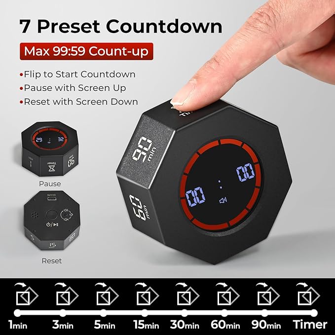 Rechargeable Pomodoro Timer, 8-Angle Auto-Rotating Screen with Gravity Sensor, Digital Timers for Classroom, Small Kitchen Timers for Cooking, Work and Study (Space Gray)