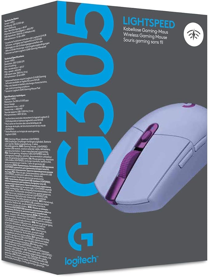 Logitech G305 LIGHTSPEED Wireless Gaming Mouse, Hero 12K Sensor, 12,000 DPI, Lightweight, 6 Programmable Buttons, 250h Battery Life, On-Board Memory, PC/Mac - Lilac