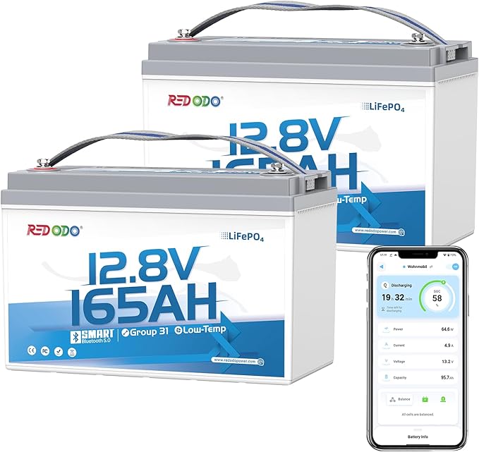 Redodo Group 31 Bluetooth LiFePO4 Battery 12V 165Ah, 2112Wh Max. Energy, 165A BMS with Low Temp Protection, Perfect for RV, Marine, Solar, Home Energy Storage (2 Pack)