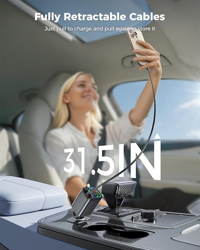 Retractable Car Charger 84W, 4-in-1 Fast Car Charger with Retractables 2.6ft, Cigarette Lighter Charging Block USB+USB C Cube for iPhone 16 Pro MAX 15 14 13 12 Plus,Samsung Galaxy,Pixel
