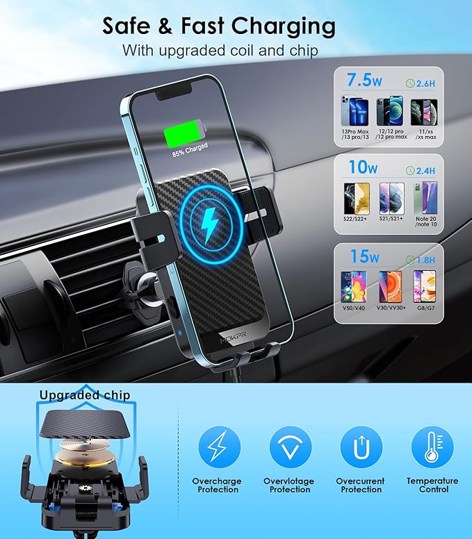 Wireless Car Charger, MOKPR 15W Fast Charging Auto-Clamping Car Charger Phone Mount Air Vent Cell Phone Holder Compatible iPhone 16/15/14/13/13 Pro/12 pro/12/11, Samsung Galaxy S23/S22/S21/S20, etc