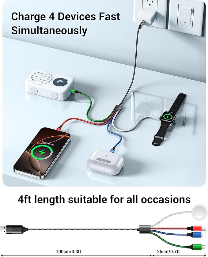 Temdan for Apple Watch Charger,4 in 2 USB C Cable for iPhone 16 Charger/Type C/Lightning/Micro USB,Multi Charging Cable Cord,Portable Travel Vacation Essentials Designed for iWatch &iPhone 16-12