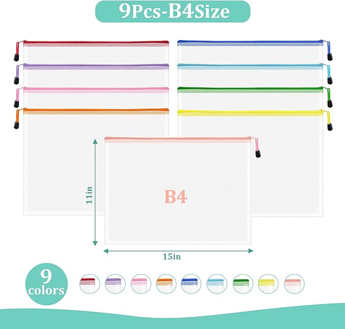 9pcs Mesh Zipper Pouch Bags, B4 Sizes Zipper Pouch, Mesh Bags With Zipper, Plastic Zipper Pouches, 9 Colors Zipper Pouches for Organizing, Board Game Storage, Travel, School Office organize