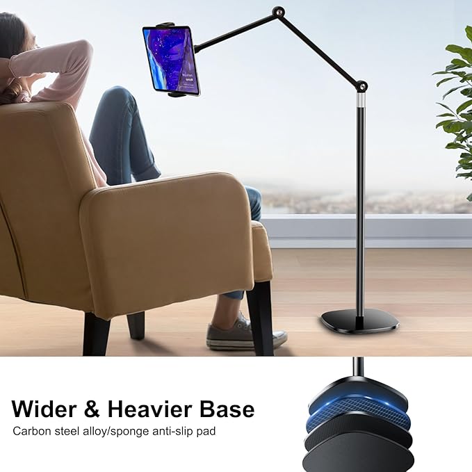 OATSBASF Tablet Floor Stand, Overhead Bed Phone Mount, Height & 360 Degree Angle Adjustable Universal Metal Tablet Holder Compatible with iPad, Samsung Galaxy Tab, iPhone, Kindle, 4.7-12.9" (Black)