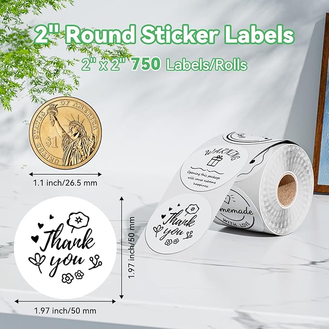 2'' White Round Thermal Labels, 750pcs Circle Thermal Printer Label, Multi-Purpose for DIY Logo Design, Name/Price Tag, Address, QR Code, 750 Labels/Roll