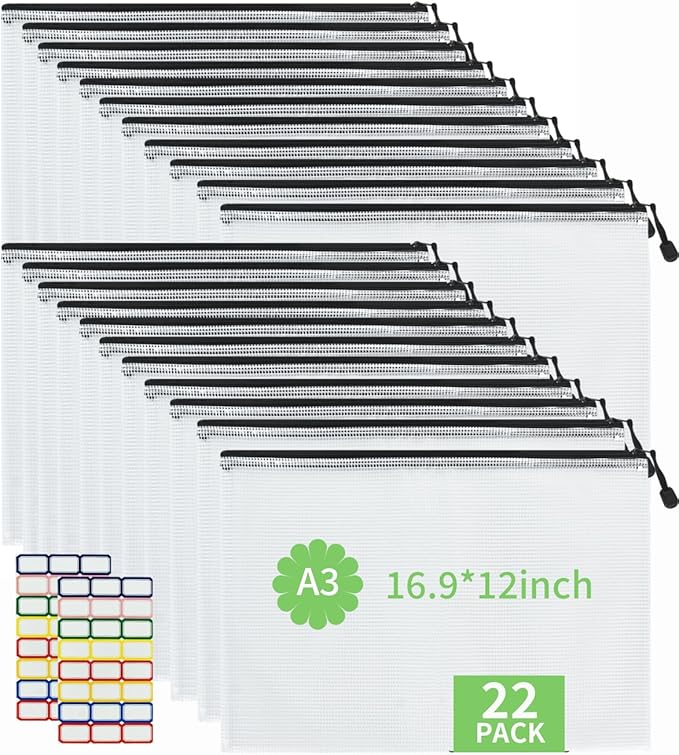 Vuzvuv 22Pcs A3 Size-16.9"x 12" Large Mesh Zipper Pouch with Label Sticker, Plastic Document Mesh Bag for File Board Game School Office Home Travel Storage（43cm30cm）