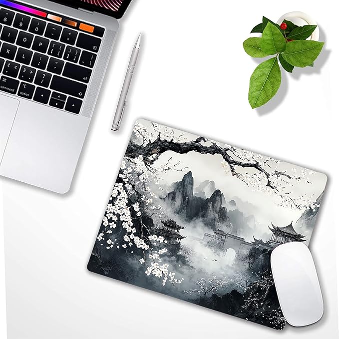 Japanese Aesthetic Landscape Painting Custom Mouse Pad with Non-Slip Rubber, Small Square Design for Wireless Laptop & Computer Mouse Pads for Desk, 9.5 x 7.9 inch Smooth Surface for Gaming & Office