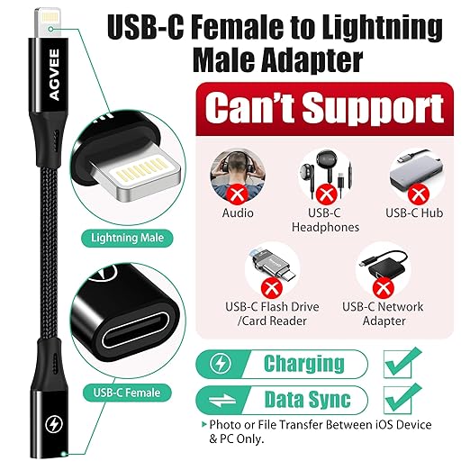 AGVEE 2 Pack 4 inch USB-C Female to Lightning Male Adapter, 30W Fast Charging Charger Converter for iPhone 14 13 12 11 Airpods iOS Device Carplay, Not for Audio, Black