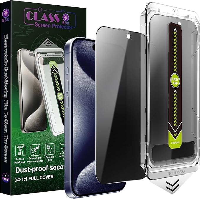 (2-Pack Anti-Spy Privacy Screen Protector for iPhone 15 Pro (6.1-Inch),9H Tempered Glass,Full Coverage,Anti-Fingerprint,Auto Dust Removal,Bubble-Free,Easy Installation