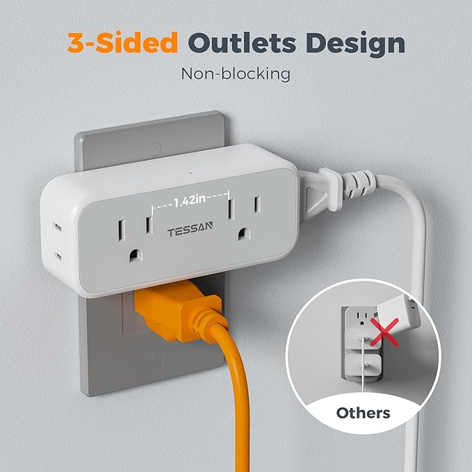 Outlet Extender Surge Protector, TESSAN Multi Wall Plug with 4 AC Electrical Outlets, 3 Sided Multiple Plug Expander, 1875W Max, Power Splitter 3 Prong Adapter for Home Bathroom Office Dorm Room