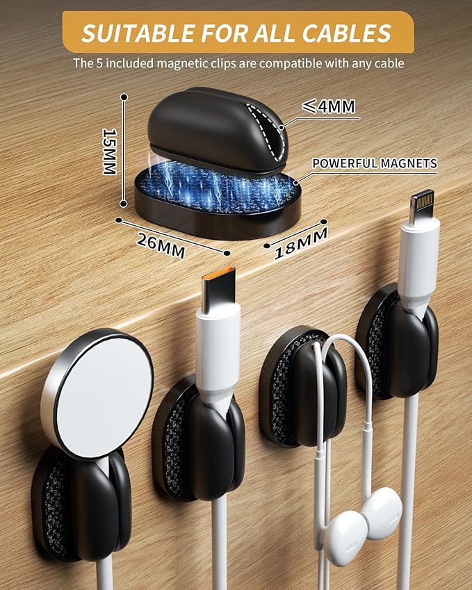 6 Pack Puretor Cord Organizer Holders - Strong Adhesive & Magnetic Desk Cable Management, Effortlessly Organize Phone Charging Cords for Home, Office, Car, Desk & Nightstand