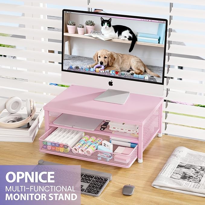 Desk Organizers and Accessories, 2-Tier Computer Monitor Stand Riser with Drawer, Laptop Stand, Office Desk Accessories, Workspace Desktop Organizer for Office Supplies, Pink