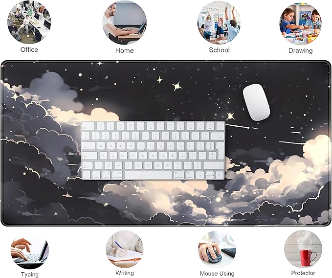 Black Anime Cloud Desk Mat XXL Large Gaming Mouse Pad Computer Laptop Mat, Extended Non-Slip Rubber Base Mousepad Keyboard and Mouse Mat, Night Sky Desk Pad with Stitched Edges, 31.5x15.75 in