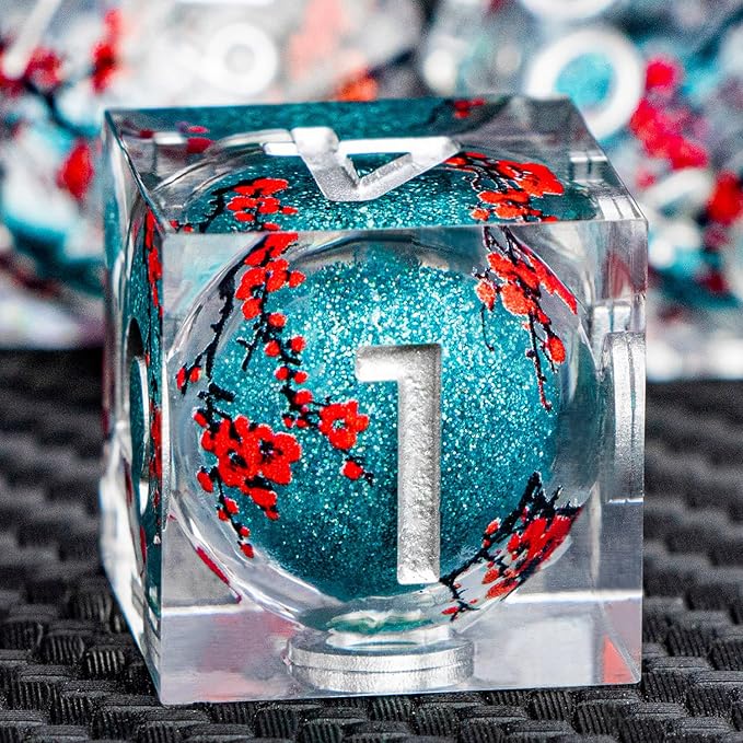 ARUOHHA DND Resin Dice Plum Blossom Liquid Core Dice Silver Blue Sharp Edged Dragons Polyhedral Dice Set with Gift Box, Role Playing Game Dungeons D and D Dice Set D20 D12 D10 D6 D4