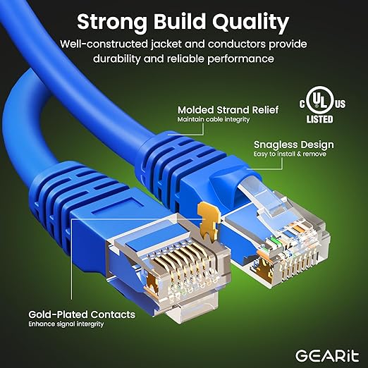 GearIT Cat 6 Ethernet Cable Pack - 24-Pack 6 ft Cat6 Ethernet Patch Cables | RJ45 Network Patch Cable, 10 Gbps Snagless Gold-Plated Connectors - Ethernet Cable Cat 6 for PC, TV, Router - Blue