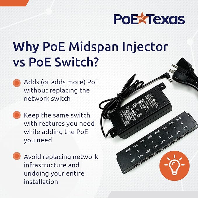 PoE Texas 8 Port Injector - 10/100 Passive Power Over Ethernet With 48V 60W UL Power Supply - 802.3af for VoIP Phones, WiFi Access Points, IP Cameras - Add to A Non-PoE Switch