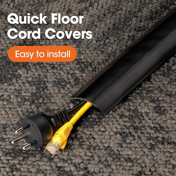 20 FT Floor Cord Cover, Cord Covers for Wires on Floor, Cord Protector, Floor Cable Cover, Hide Extension Cord Covers for Floor, Cable Cavity: 0.47" (W) x 0.29" (H), Black