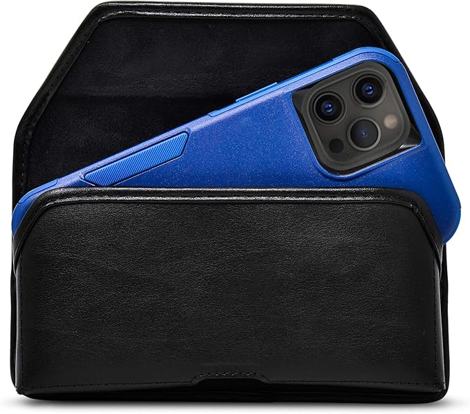 Turtleback Belt Holder for iPhone 16 Pro Max, 15 Pro Max, 14 Pro Max -Medium- Fits w/Shockproof Commuter Style Cases, Premium Black Leather Horizontal Case Magnetic Closure Leather Wrapped Clip