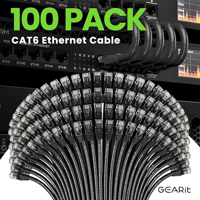 GEARit Cat 6 Ethernet Cable (100-Pack 1.5 Feet) Cat6 Network Patch, 10Gbps, RJ45, Snagless Cord, Gold-Plated Connectors, Internet for PC, TV, Tablet, Router, Printer, Servers, IT Data Center - Black
