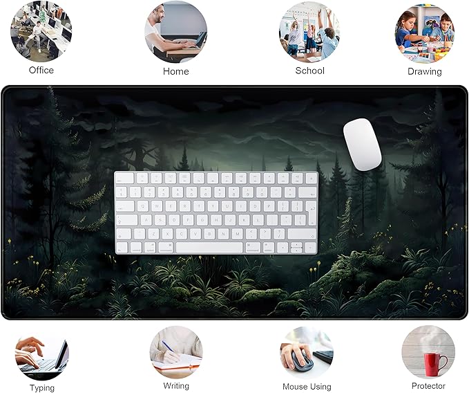 Cute Dark Gloomy Forest Desk Mat, Gothic XXL Large Extended Gaming Mouse Pad Mat, Non-Slip Rubber Base Mousepad Computer Keyboard and Mouse Mat, Desk Pad with Stitched Edges, 31.5x15.75 in