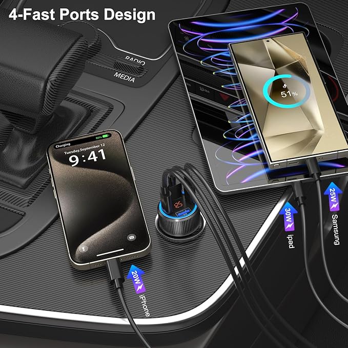 USB C Car Charger, 3 Pack 65W Dual 12V Car Power Adapter with Voltmeter QC+PD 3.0 Multi Port Fast Charging Cigarette Lighter USB Charger for iPhone 16 15 14 13 12 Pad Pro Max, Android(Black Gray)