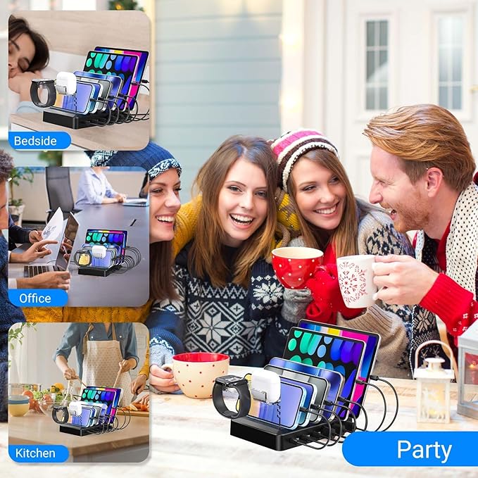 Catlyn Charging Station for Multiple Devices, 6-Port 90W Fast Charger Stations with 8 Mixed Charger Cables Organizer Dock,Compatible for Cell Phone