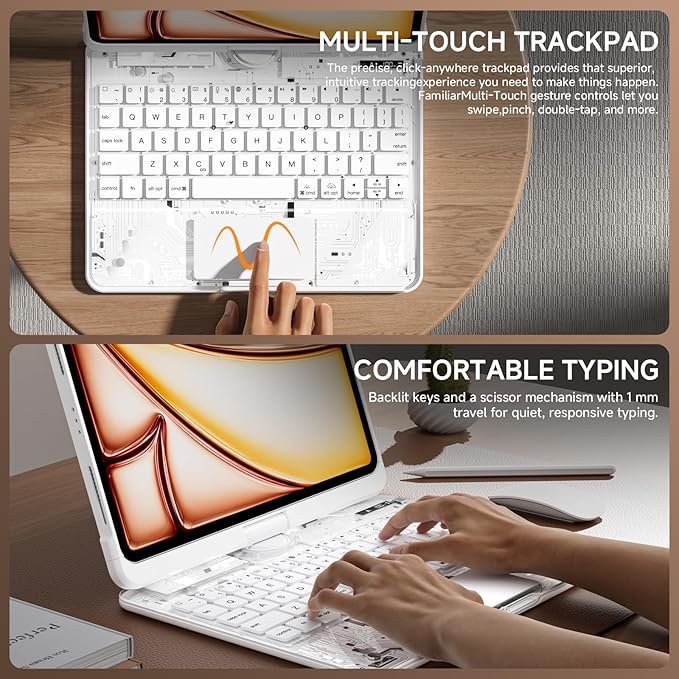 Transparent Case with Keyboard for iPad Air 13 Inch (M3/M2, 2025/2024), iPad Pro 12.9 Inch (6/5/4/3 Gen),7-Color Backlit,Magic Wireless Keyboard, 360°Rotating,with trackpad,Pencil Holder,White