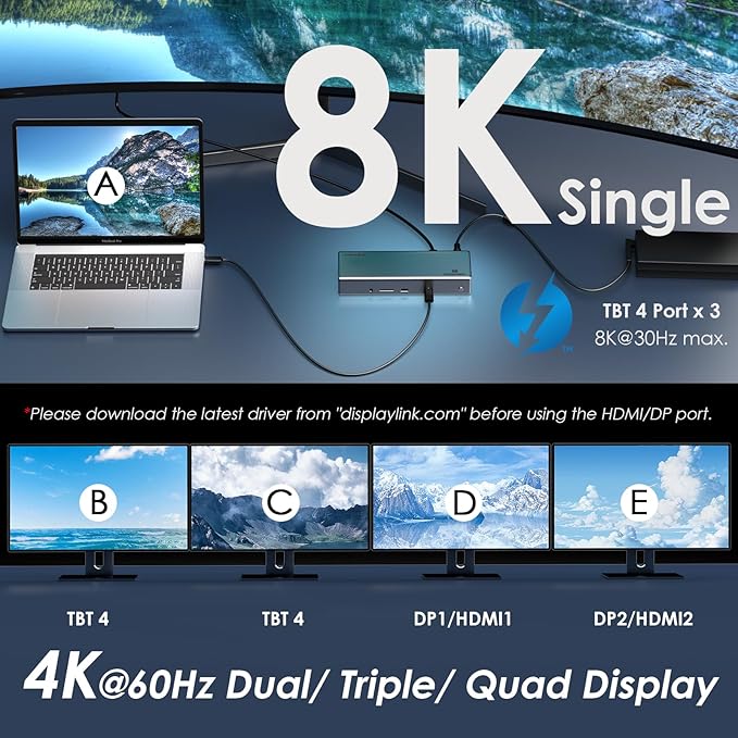 WAVLINK Thunderbolt 4 Dock with 100W Charging, Displaylink Docking Station Quad 4K@60Hz Monitors,3 Thunderbolt 4 Ports, 2.5G Ethernet, USB C Docking Station for Mac and PC,Displaylink Driver Required