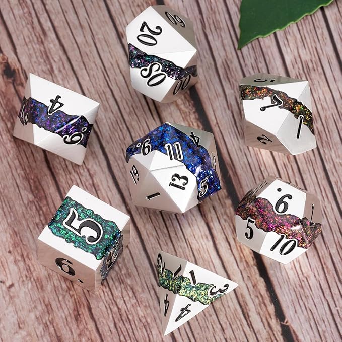 Polyhedral Metal Dice Set,7pcs Set Glitter Stripe DND Dice with Gift Box for RPG