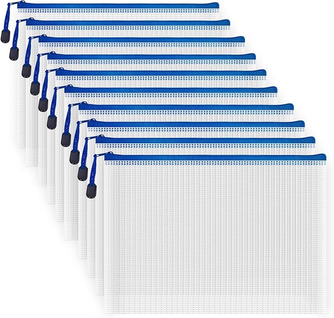 AUSTARK 10 Pcs Zipper File Bags, Waterproof Plastic Mesh Pouch for Office School, Board Game Storage Bags (B5 Size 11.4''x8.2'', White and Blue)
