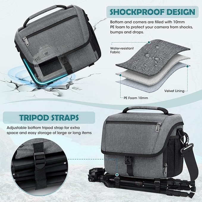 RAINSMORE Camera Bag, DSLR/SLR/Mirrorless Camera Case with Tripod Holder Waterproof Camera Sling Bag Crossbody Camera Bags for Photographers with Rain Cover for Canon/Nikon/Sony/Fuji, Grey