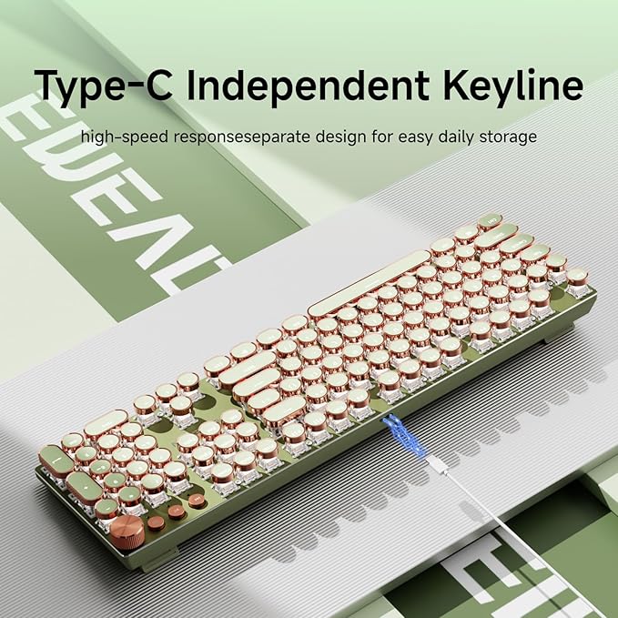 EWEADN Typewriter Style Mechanical Gaming Keyboard, Wired Mechanical Keyboards,104 Keys Backlit LED Keyboards, Media Control Knob, Wired Computer Keyboard Pink Switch for Windows/Mac/PC-Green