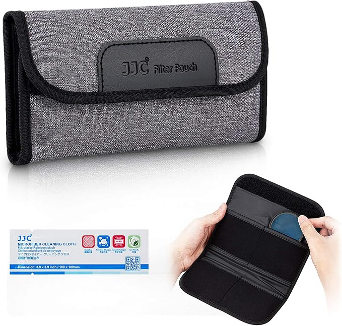 JJC 4 Pockets Filter Case for Round Filter Up to 58mm (37mm 40.5mm 43mm 46mm 49mm 52mm 55mm 58mm), Foldout Lens Filter Pouch with Microfiber Cleaning Cloth, Professional Photography Filter Bag