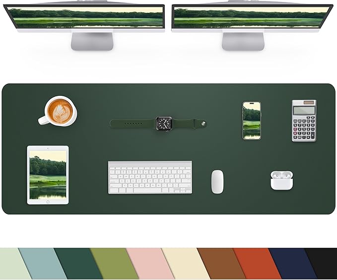 Leather Desk Pad Protector, Large Mat, Mouse Pad, Non-Slip PU Leather Blotter, Cover for Keyboard and Mouse, Office & Home (Dark Green, 48" x 17")