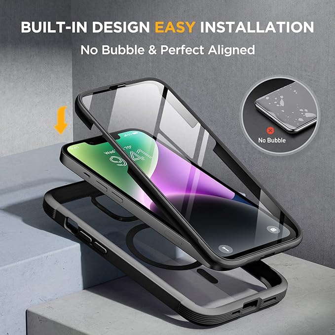 Miracase for iPhone 14 Case 6.1'', [Bubble Free] Full-Body Bumper Phone case with Built-in Full Glass Screen &Lens Protector,No Gap,Compatible with MagSafe,Drop Proof 14 Cover,Black