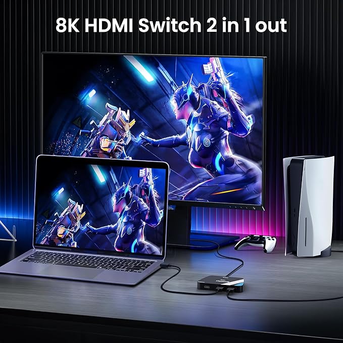 NEWCARE HDMI 2.1 Switch 2 in 1 Out with 2.6ft 8K Cable, HDMI Switcher 4K@120Hz, Bi-Directional HDMI Splitter Supports 8K@60Hz HDR10+ 3D Dolby VRR HDCP2.3 for TV PS5 Xbox Laptop Projector