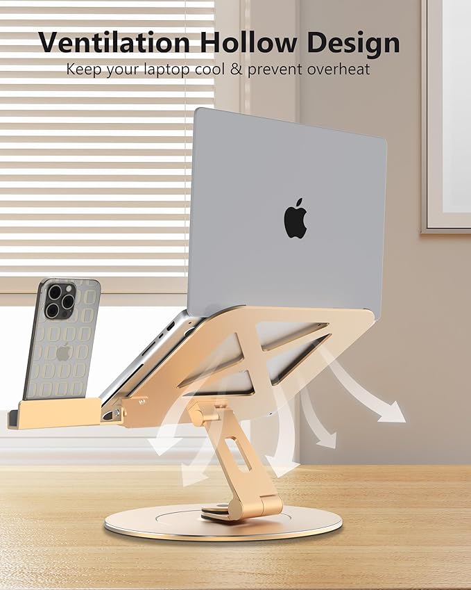 Ultra-Stable Aluminumy Swivel Laptop Stand for Desk with Rotating Foldable Phone Holder, 300% Large Base Stability, Anti-Loosening,Suitable for 10"-17.3" Laptops, Champagne Golden
