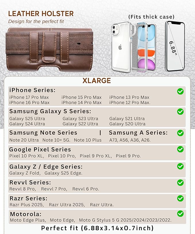 Phone Holster for Men & Women, Horizontal Cell Phone Case, Fits iPhone 17/16/15/14/13/12 Pro Max, Belt Clip/Loop Carrying Phone Pouch Holder, Brown X-Large