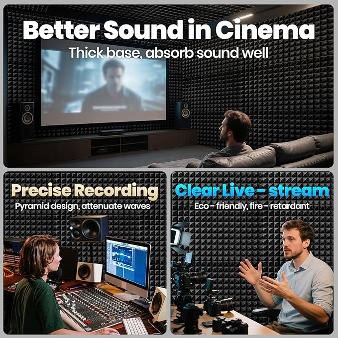 Focusound White Acoustic Panels 24 Pack 2"x12"x12" with 120 PCS Double-Side Adhesive - Sound Proof Pyramid Foam for Walls, Home Studio Noise Absorption & Echo Control Kit
