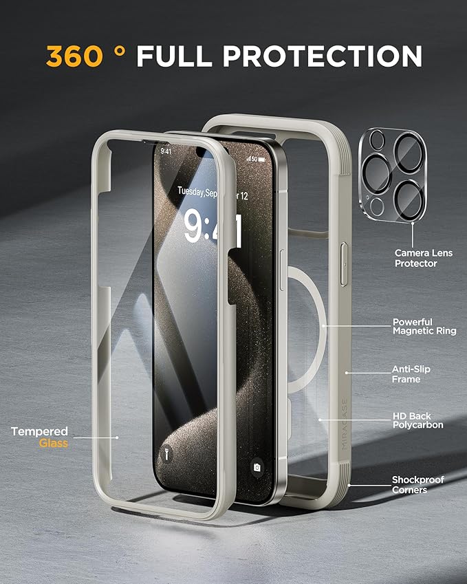 Miracase Magnetic for iPhone 15 Pro Case [Compatible with MagSafe] Full-Body Phone case with Built-in Glass Screen Protector& Camera Protector, Military Drop Proof 15 Pro Cover,Titan