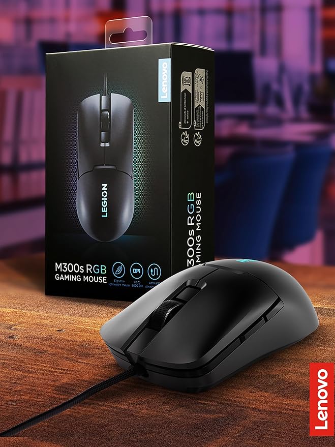 Lenovo Legion M300s RGB Wired Gaming Mouse - 8,000 DPI Adjustable Sensor, 6 Programmable Buttons & 20-Million Clicks Durability with Optimized Comfort (Black)