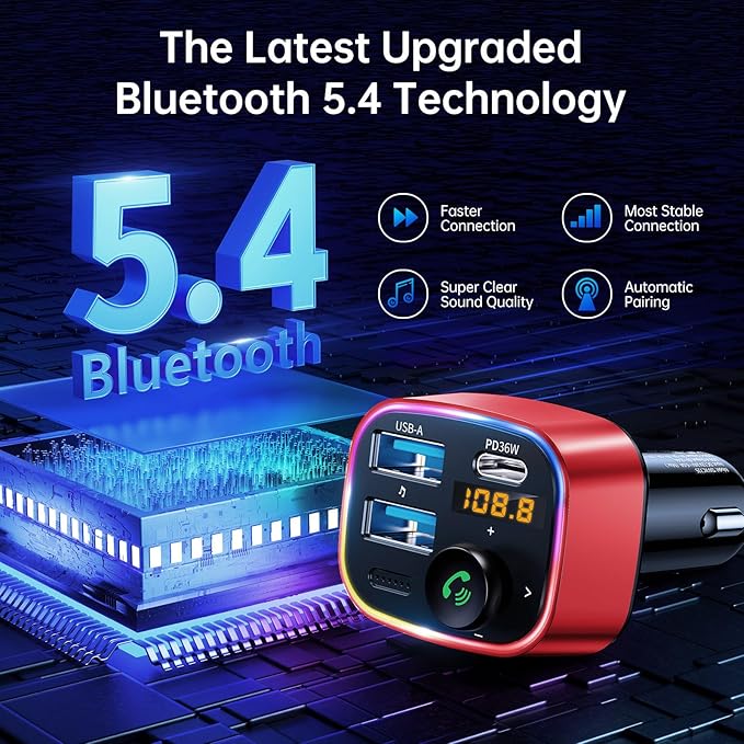 Syncwire Bluetooth 5.4 FM Transmitter Car Adapter 48W (PD 36W & 12W) [Light Switch] [Hi-Fi Deep Bass] [Fast Charge] Wireless Radio Music Adapter LED Display Hands-Free Calling Support USB Drive, Red
