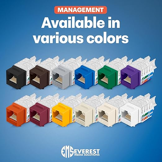 Everest 45° Angled RJ45 Cat6 Keystone Jacks 50-Pack in Light Almond - Slim Profile Female RJ45 Connectors - Cat 6 Keystone Jack - Compatible with 45° Angled Speed Termination Tool - 45Term